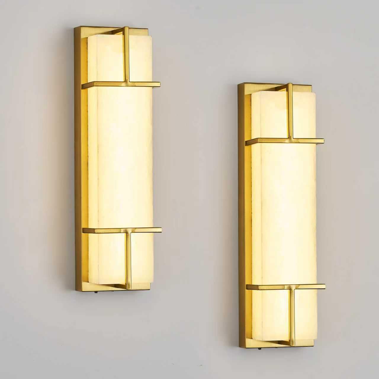 Fanyank 15.7inch Alabaster Wall Sconces Set of Two, 3 CCT Dimmable Square Natural Marble Lampshade Wall Sconce, Modern Hardwired LED Alabaster Indoor Wall Lamps Dining Room Stairs Bedroom Gold