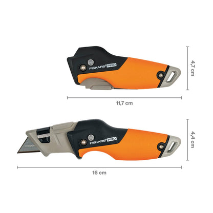 Fiskars CarbonMax Folding Utility Knife, Length 17cm, Stainless Steel Blade/Plastic Handle, Black/Orange, 1027224