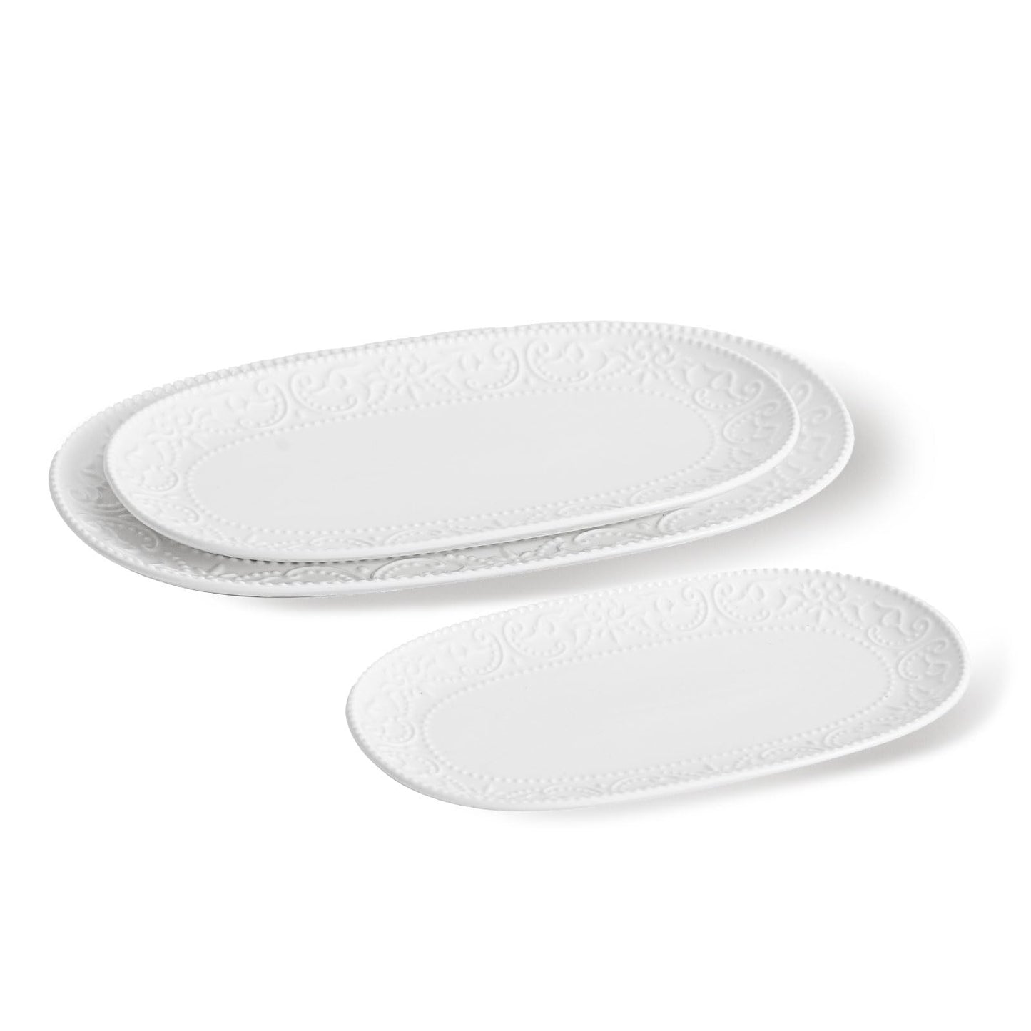 MVYAVYUS Oval Embossed Serving Platter Set, Stackable Serving Tray, Ceramics White Serving Platters for Entertaining, Serving Dishes for Wedding, Dishwasher & Oven Safe, Gift for Housewarming (3PCS)