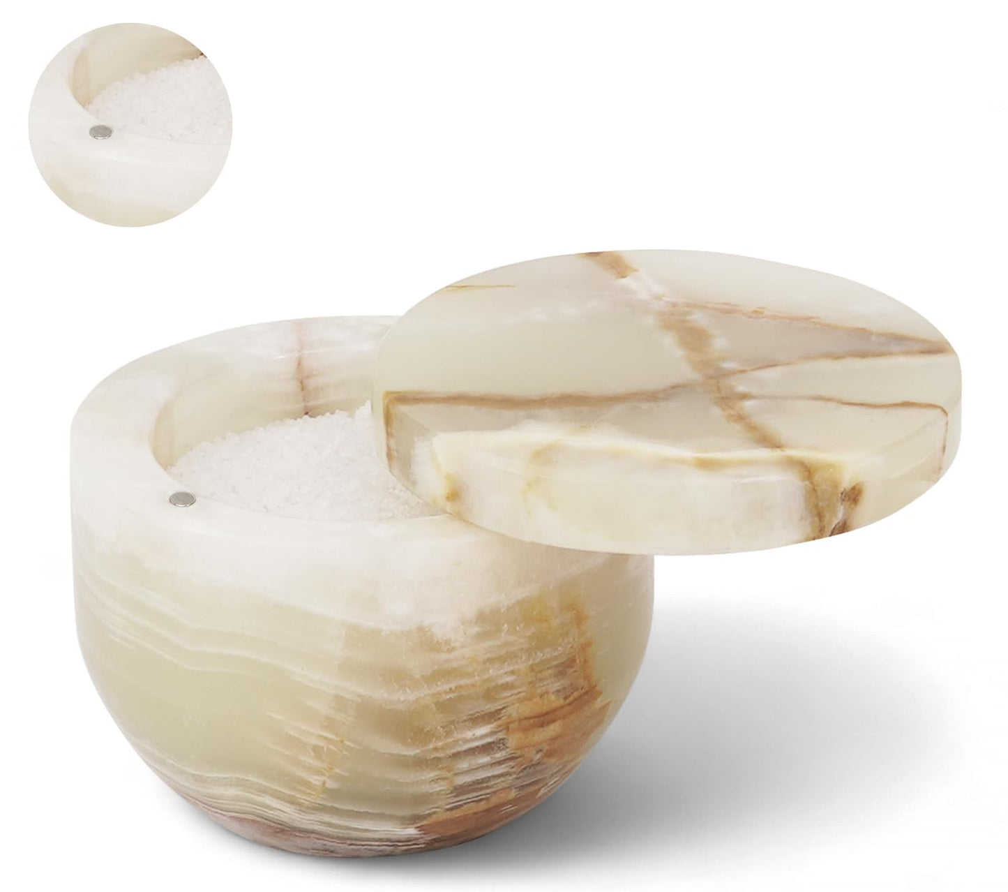 EARTHEN CRAFTS Marble Salt Cellar with Swivel Magnetic Lid 3 Inches Green Mini Salt Keeper for Countertop, 2.5 OZ Capacity, Kosher Salt and Seasoning Storage Container for Kitchen or Bath Salt
