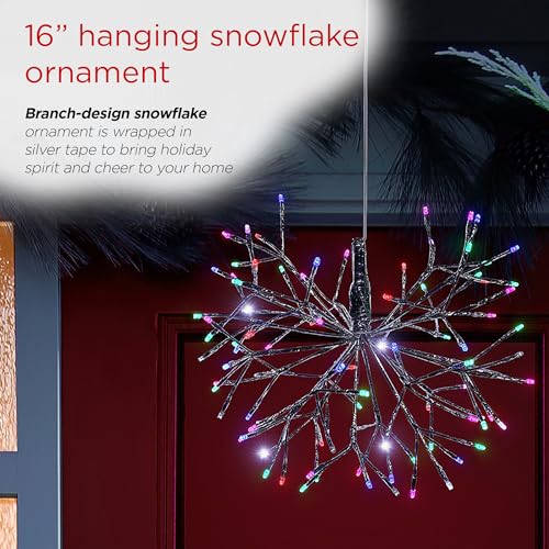 Alpine Corporation 16"H Indoor Holiday 3D Snowflake Hanging Ornament with LED Lights, Silver , Christmas Decoration