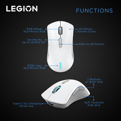 Lenovo Legion M410 Wireless RGB Gaming Mouse – 6 Button Palm Grip Mouse with 16,000 DPI, 53 Hour Rechargeable Battery, 2-Zone RGB Lighting, NVIDIA Reflex Compatible