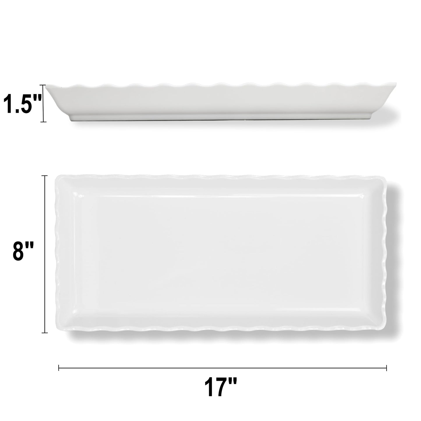 KAQAHIDO 17" x 8" x 1.5" White Serving Tray Set, Wave Edge Melamine Platters for Cookie, Appetizer, Charcuterie, Snack, Dessert, Party Food Display, Stackable, Set of 2