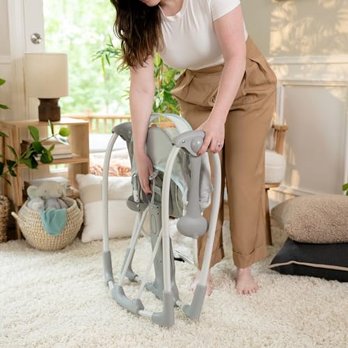 Ingenuity Swing 'n Go 5-Speed Baby Swing - Foldable, Portable, 2 Plush Toys & Sounds, 0-9 Months 6-20 lbs (Hugs & Hoots)