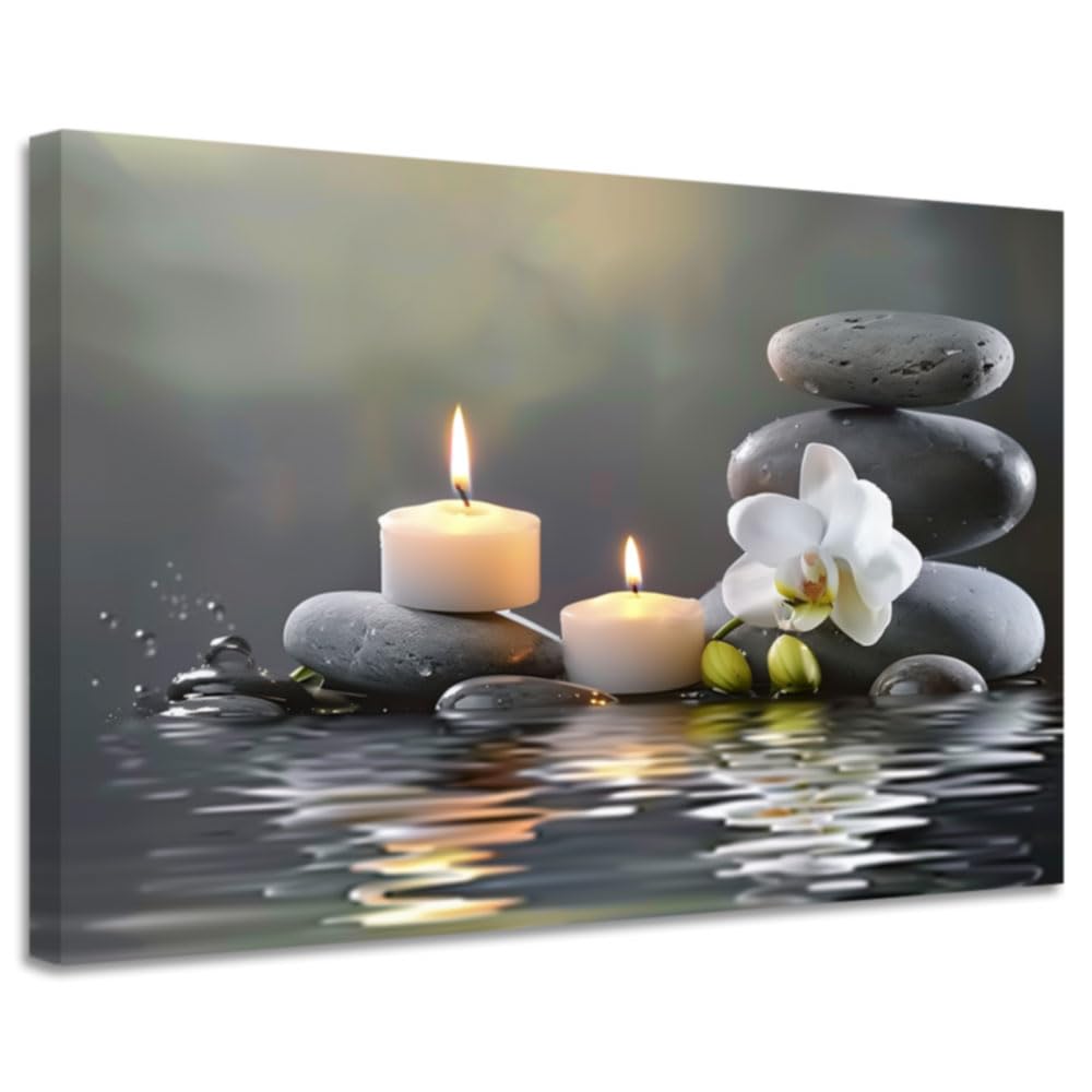 CGXLB Zen Stone Wall Art Candles & Orchid Painting Serene Water Decor for Spa Bathroom Bedroom Meditation Room 24"x36"