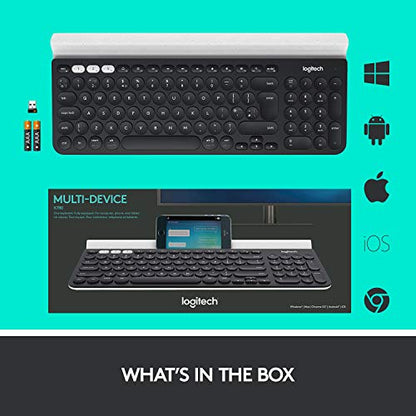 Logitech K780 Multi-Device Wireless Keyboard for Windows, Apple android or Chrome, Wireless 2.4GHz and Bluetooth, Quiet, PC/Mac/Laptop/Smartphone/Tablet, QWERTY UK Layout - Dark Grey/White