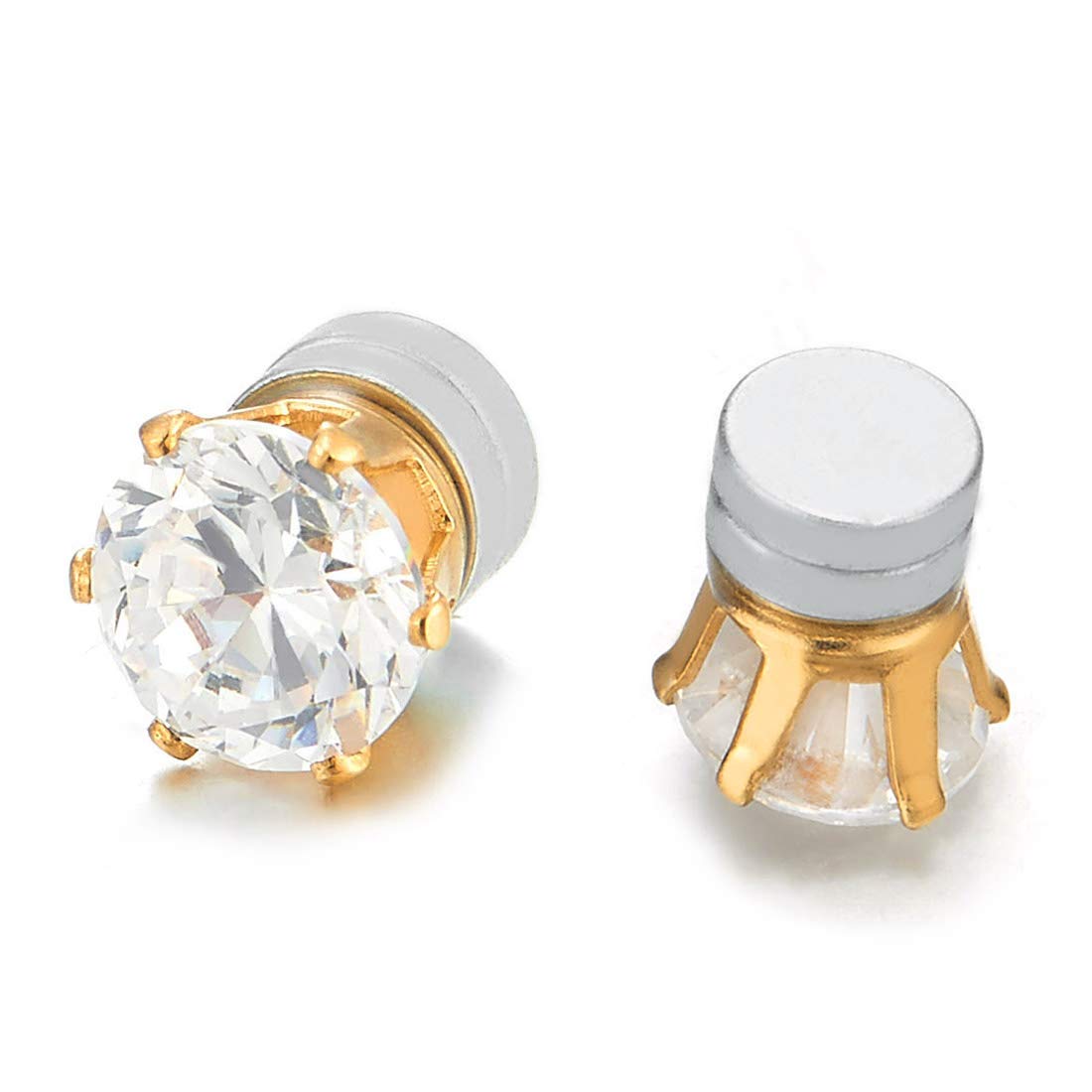 COOLSTEELANDBEYOND Unisex Magnetic Cubic Zirconia Stud Earrings, 8mm Brilliant Round Gold-Tone Non-Piercing CZ Studs, 1 Pair
