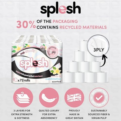 Splesh by Cusheen 3-ply Toilet Roll - Vanilla & Marshmallow Scented (72 Rolls) Bulk Buy, Quilted Toilet Rolls, Soft and Strong Toilet Tissue and Loo Rolls - Eco-Friendly Toilet Paper Sustainably Craft