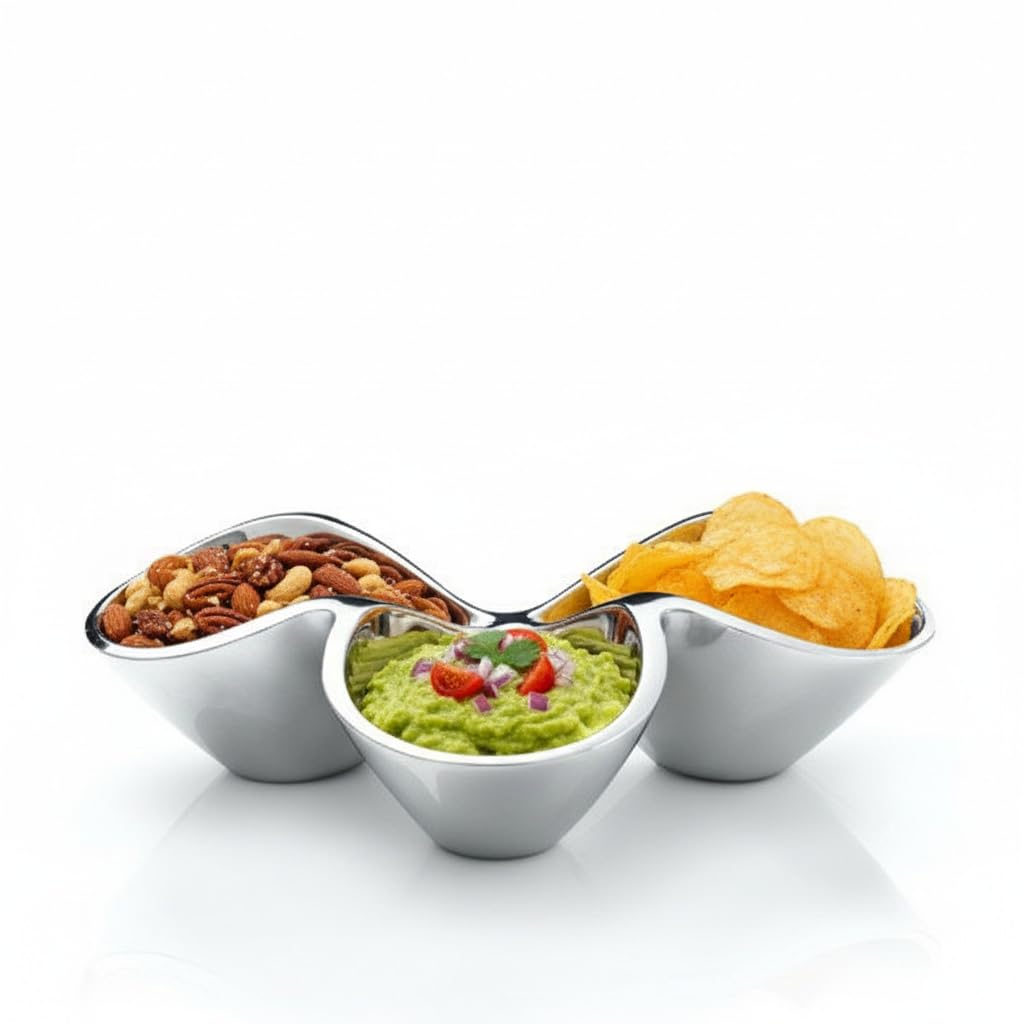 nambe Bella Triple Condiment Server | 3 Part Divided Serving Tray for Condiments, Dips, Appetizers, and Snacks | Made of Metal Alloy | Designed by Steve Cozzolino