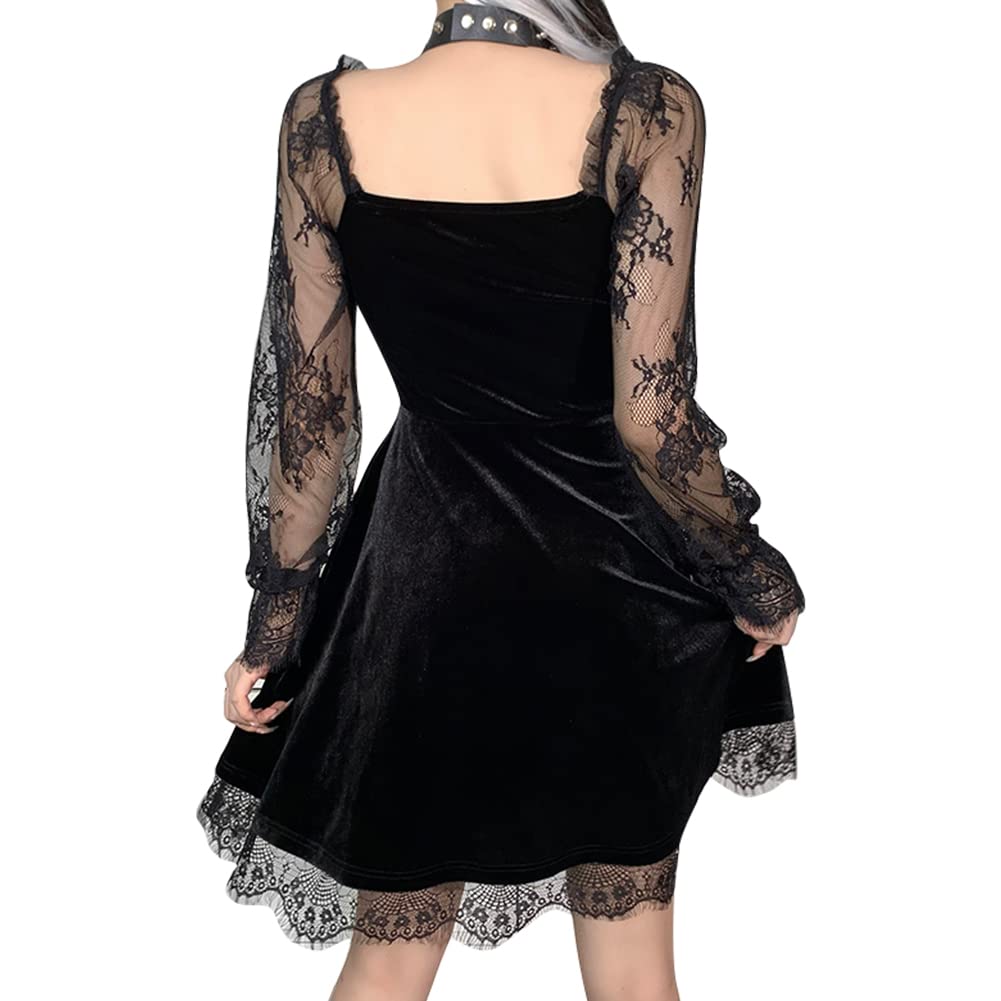 IKADEX Gothic Lolita Dress for Women Black Lace Dress Velvet Mini Dresses Goth Clothes for Teen Girls #A: Black M