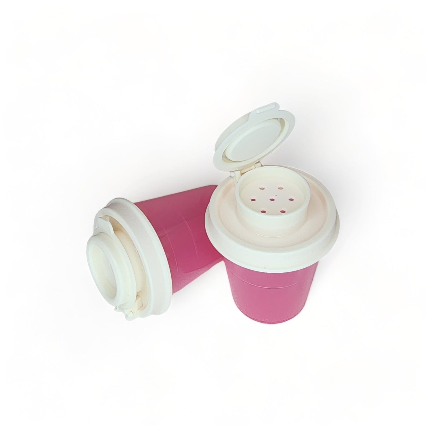 Tupperware Mini Salt and Pepper Shakers 2 oz Pink with Cream Lids