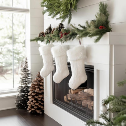 AOGU 3 Pack 18 Inch Snowy White Christmas Stockings Faux Fur Xmas Christmas Stockings Hanging Ornaments Candy Gift Bags for Christmas Decorations