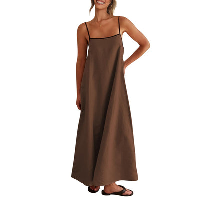 Shy Velvet Women's 2025 Summer Linen Maxi Dress Contrast Spaghetti Strap Dress Backless Sleeveless Casual Party Beach Dresses