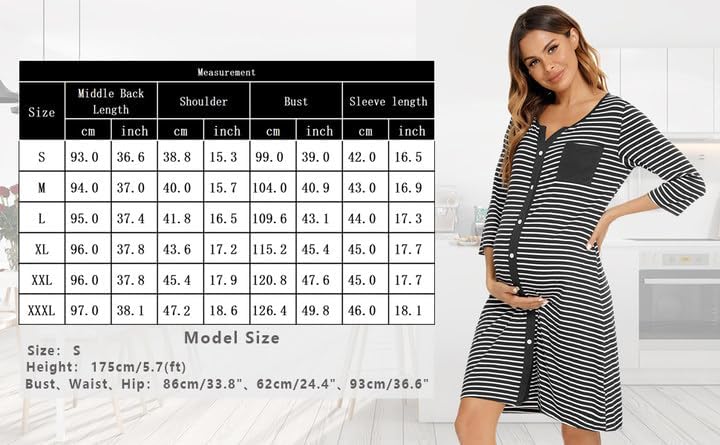 Marvmys Maternity Nightdress For Hospital Breastfeeding Nightwear 3/4 Length Sleeves Nursing Nightgown Button Down Sleep Shirt V Neck Pajama Soft Loungwear For Pregnant Women A-Navy Blue-1 L