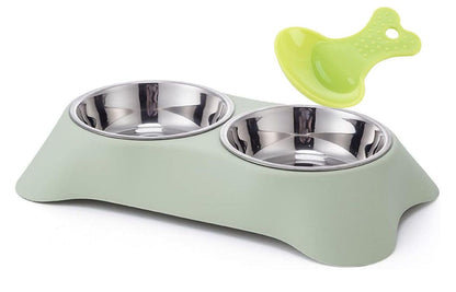 Double Dog Bowl,Non Slip Non-spill Stainless Steel Double Bowl with 1 Pet Food Spoop For Small Dogs and Cats (Green, S)