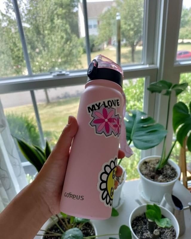 GOPPUS 600ml/20oz Stainless Water Bottle with Straw Double Wall Insulated Bottles with Strap Reusable Vacuum Thermal Flask Leakproof Keep Cold Drinks Bottles with Flip Top Lid for Men Women BPA Free