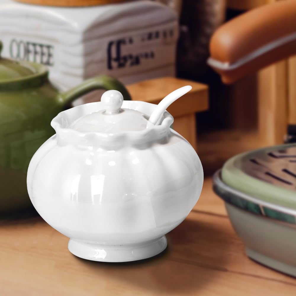 Ursword Iridescent Sugar Bowl with Lid and Spoon, Ceramic Sugar Bowl, 9oz Sugar Jar for Coffee Bar, Salt Box Sugar Containers for Seasoning, Spice, Sauce, Elegant Decor for Kitchen Countertop