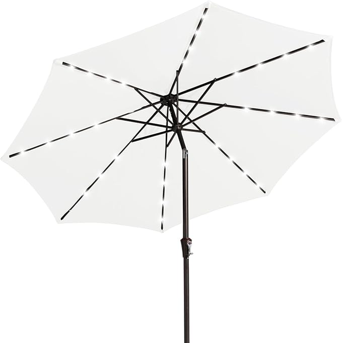 JEAREY 9FT Outdoor Patio Umbrella with Solar Lights, LED Lighted Pool Umbrella with Tilt and Crank, Outdoor Table Umbrellas for Deck, Yard & Market (Cream White)