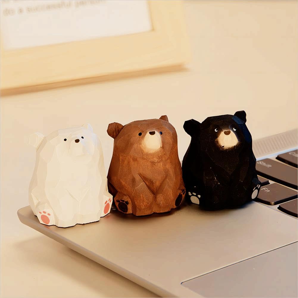 ShaoAngDuoMi Small Sitting Wooden Bear Figurines, 3-Pack – Hand-Carved Brown, Polar & Black Bears, 1.4" Cute Desk & Monitor Top Decor, Gift for Animal Lovers