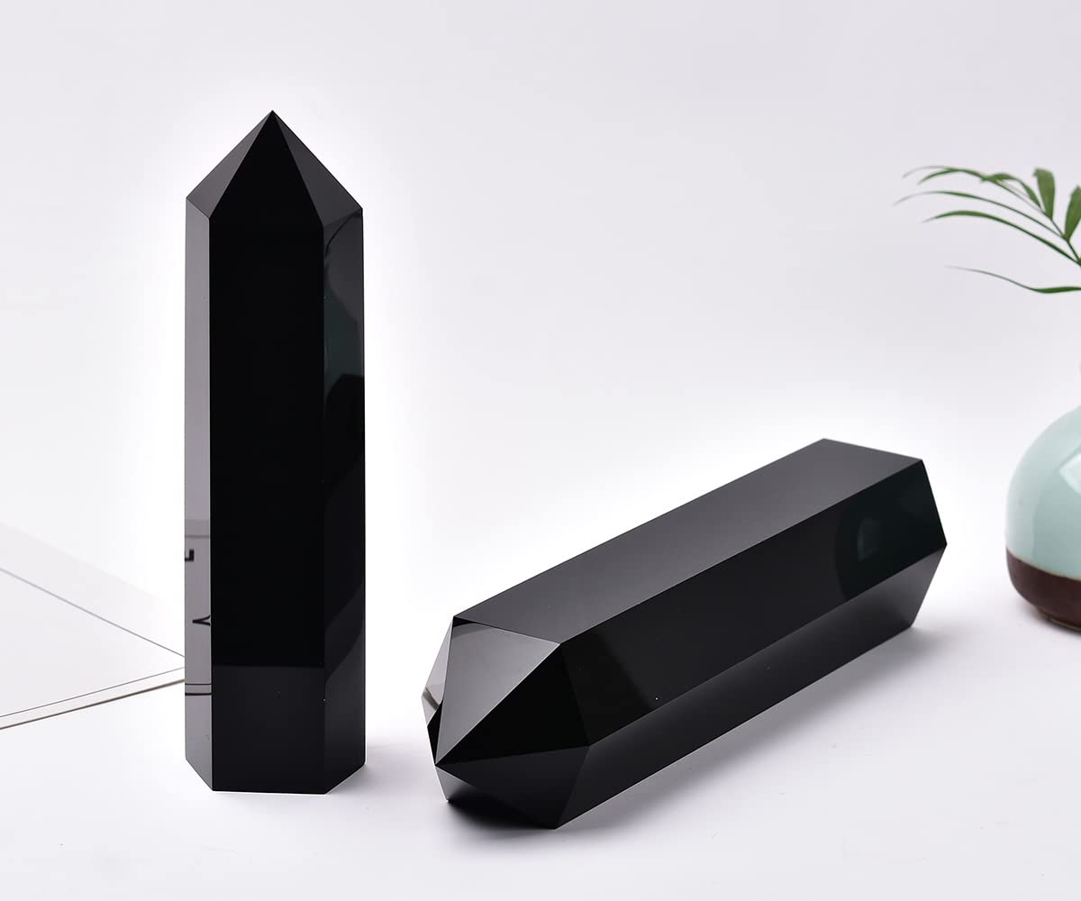 MOGEMT Large Black Obsidian Crystal Tower Natural Healing Crystal Point Wand Obelisk 6 Faceted Reiki Chakra Meditation Therapy Home Decor Gift 1.5-2 LBS