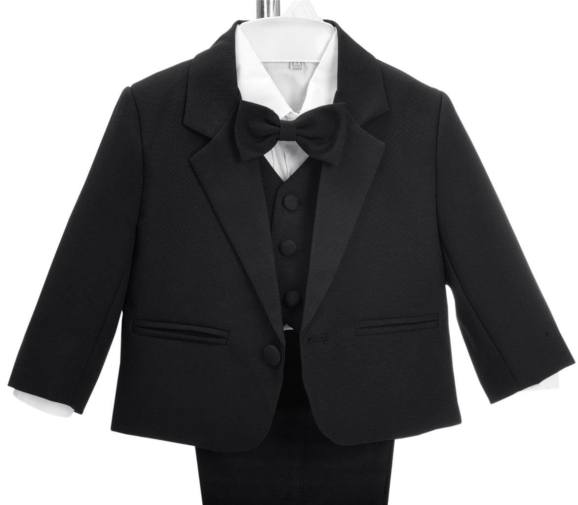 Lito Angels Baby Boy Formal Dress Suit Wedding Outfit Wear, 5 Pieces Set (Blazer, Shirt, Waistcoat, Trousers, Bow Tie) Age 12-18 Months, Black, 057 (Tag Number 01)