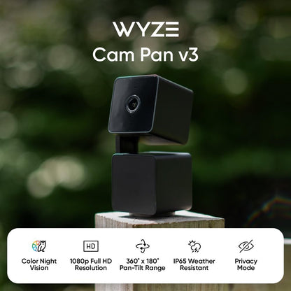 WYZE Cam Pan v3, Indoor/Outdoor IP65-Rated 1080p Pan/Tilt/Zoom Wi-Fi Smart Home Security Camera with Color Night Vision, 2-Way Audio, Compatible with Alexa & Google Assistant, Free Expert Setup