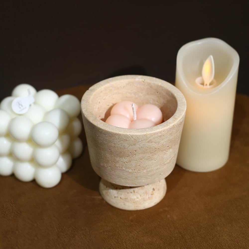 Premium Natural Marble Small Stone Pillar Candle Holder, with Unique Veined Pattern, Decor for Desk, Nightstand, Bathroom or Living Room, Luxe Home for Tea Light