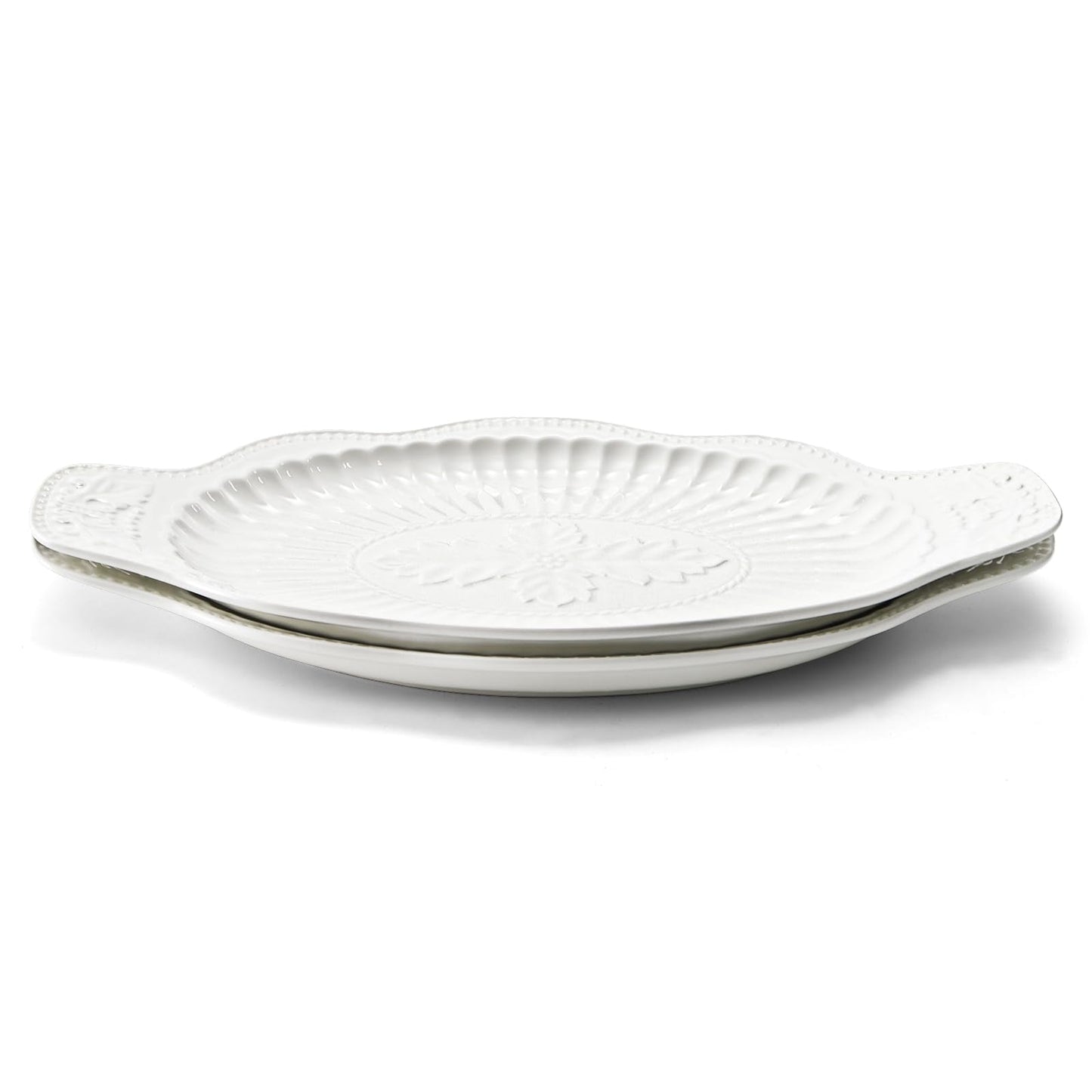Suwimut 2 Pack Porcelain Oval Serving Platters, 14 Inch Large Embossed White Serving Plates for Entertaining, Oven Safe Stackable Ceramic Dinner Tray for Fish, Meat, Appetizers, Fruits, Dessert