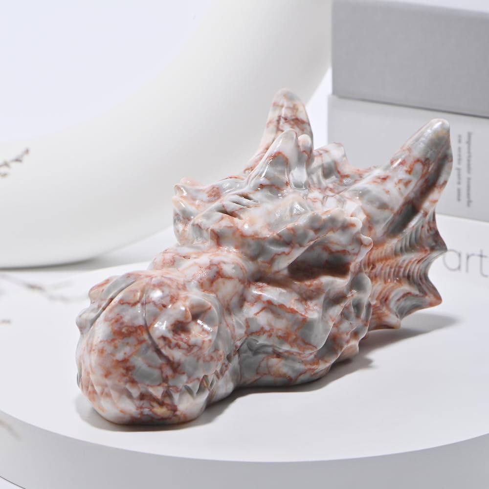 Bmuafry 6''Natural Dragon Head Crystal Skull Head Hand Carved Reiki Healing Stone Statue Healing Home Office Art Room Decoration (Red Grid, 6inch)