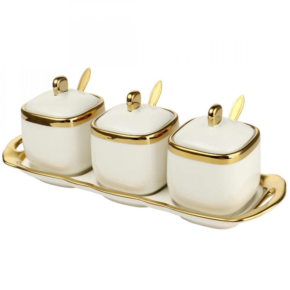 Porcelain Condiment Jar Spice Container with Tray Ceramic Serving Spoon and Lid, Spice Sugar Ceramic Condiment Pot Creative Seasoning Box for Your Home, Kitchen, Counter (White)