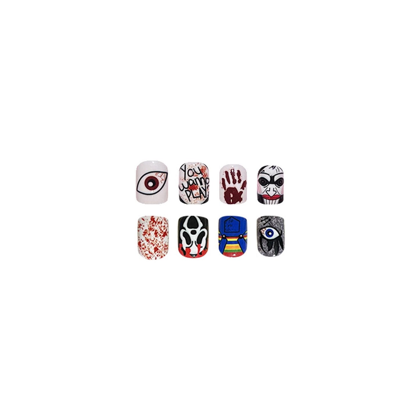 Halloween Short Press on Nails Square Fake Nails Scary Movie Characters Bloody Halloween Glue on Nails False Nails with Designs Holiday Halloween Manicure Art Decorations for Women 24Pcs