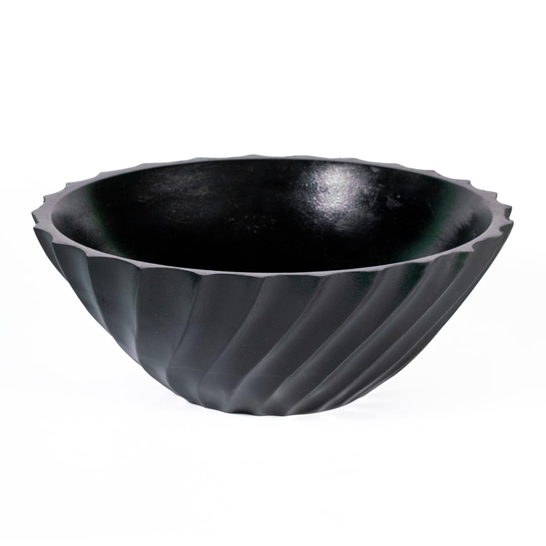 Folkulture Black Ribbed Salad Bowl | 11” Large Mango Wood Serving Bowl | Modern Wooden Bowl for Salad, Fruit & Pasta | Kitchen Island & Dining Table Décor