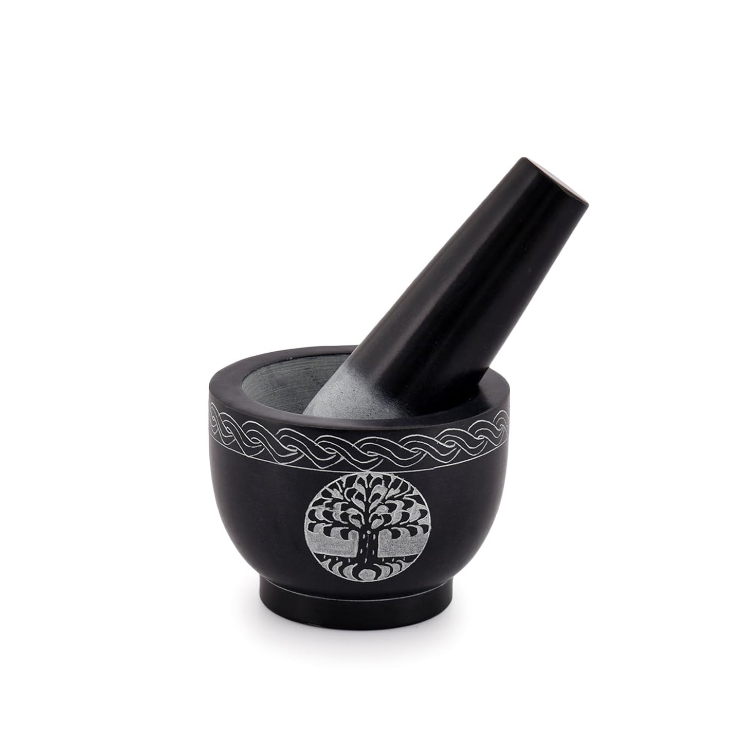 Samhita Tree of Life Natural Stone Mortar & Pestle Mortar Diameter- 3.75"x 2.75" Pestle-5" x 1.5"