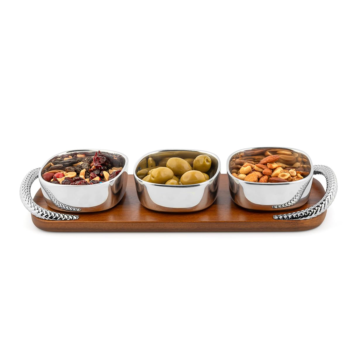 Nambe Braid Condiment Trio, Designed by Sean O’Hara – Square Alloy Bowls with Acacia Wood Serving Tray & Chrome Handles – Appetizer, Dip & Snack Server, Modern Scandinavian Design