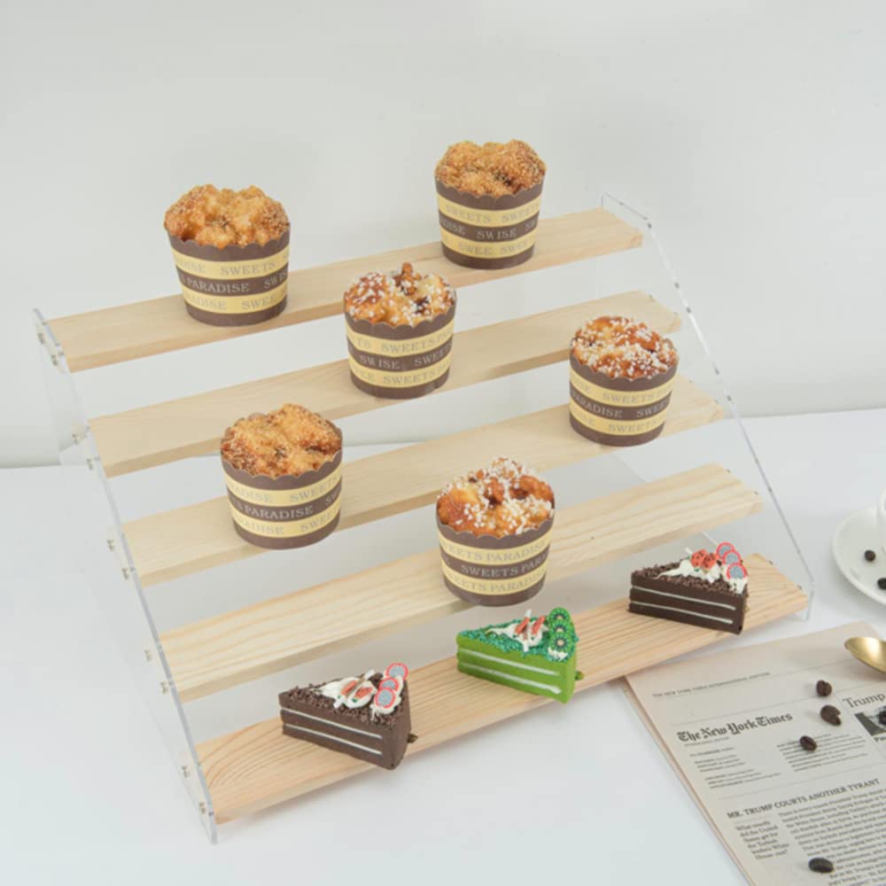 PACKGILO 2 Pack 5 Tier Acrylic Display Stand for Figures Wooden Risers Display Case for Craft Fair Acrylic Cupcake Stand for Dessert Table Top Jewelry Displays for Craft Shows Perfume Shelf (SMALL)