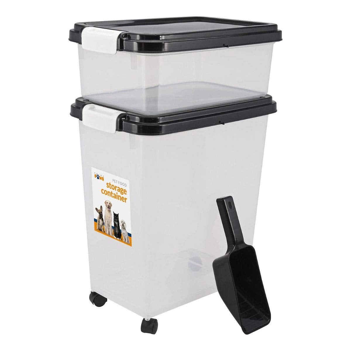 3 Piece Pet Food Airtight Storage Container With Plastic Measuring Scoop Treats And Dry Food Storage and Dispenser For Dogs Cats and Various Small Pets (Black)