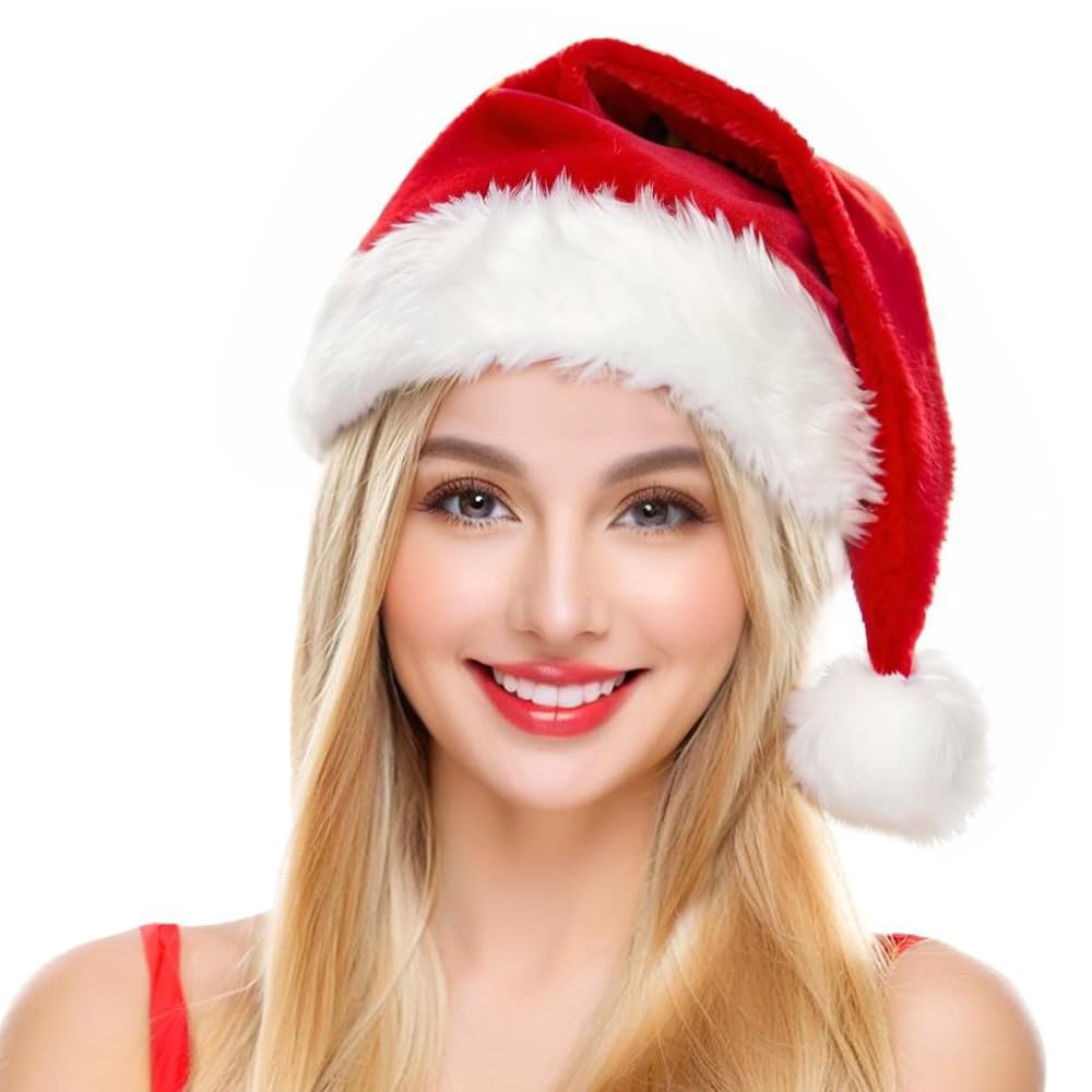 Haomaomao Christmas Hats for Adults Santa Hat Red Double Thicken Velvet Warm Comfort Holiday Unisex Xmas Hat for New Year Festive Festival Party