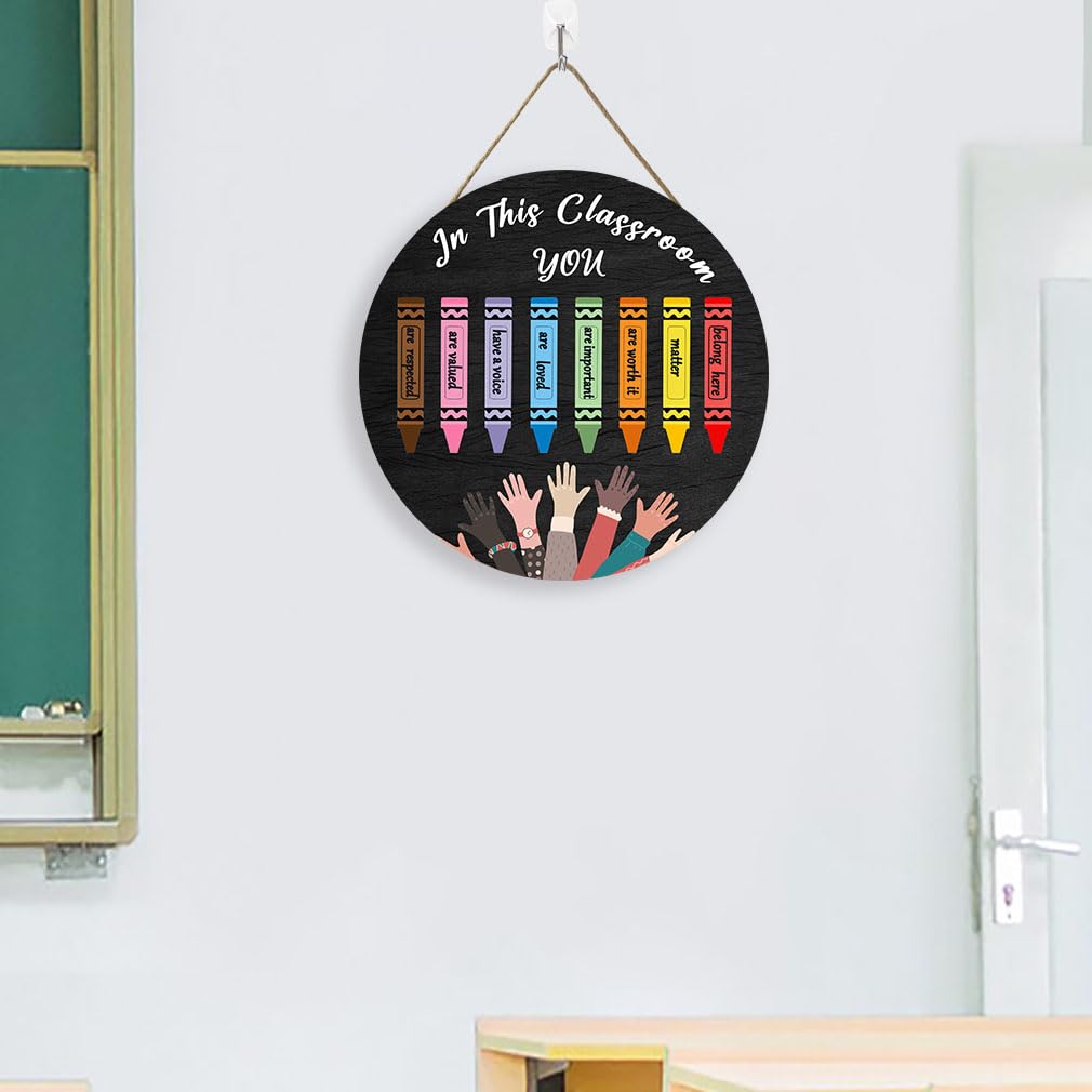 OLMIXA Classroom Rainbow Crayon Wooden Hanging Sign (12x12inch), Back to School Inspirational Quote Welcome Door Hanger Sign, Inclusive Classroom Educational Sign for Library Study Classroom Decor