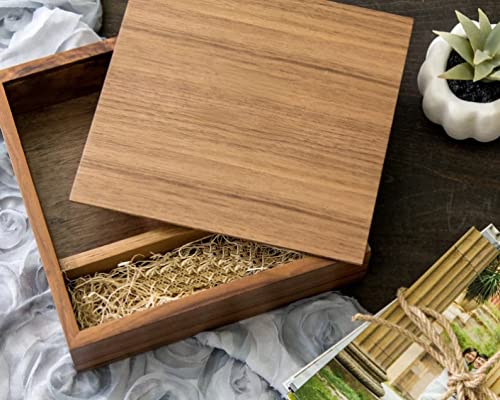Wood Gift Box with Sliding Top, JBOS Discrete Sliding-Lid Wooden Boxes Photo Box Wedding Memory Box for Friends/Business Partners/Photographers/Clients (Walnut, 6.73x6.73x1.38inch)