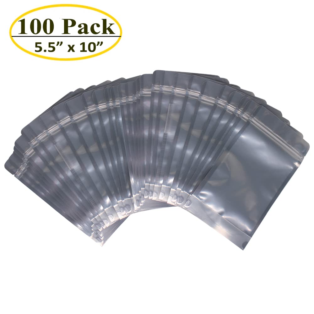 100 Pack 5.5 x 10 Inch Stand Up Pouch Bags Zipper Mylar Bags Clear Front with Aluminum Foil Back Reusable Food Storage Bag for Multipurpose with Gusset Bottom(5.5mil Thickness)