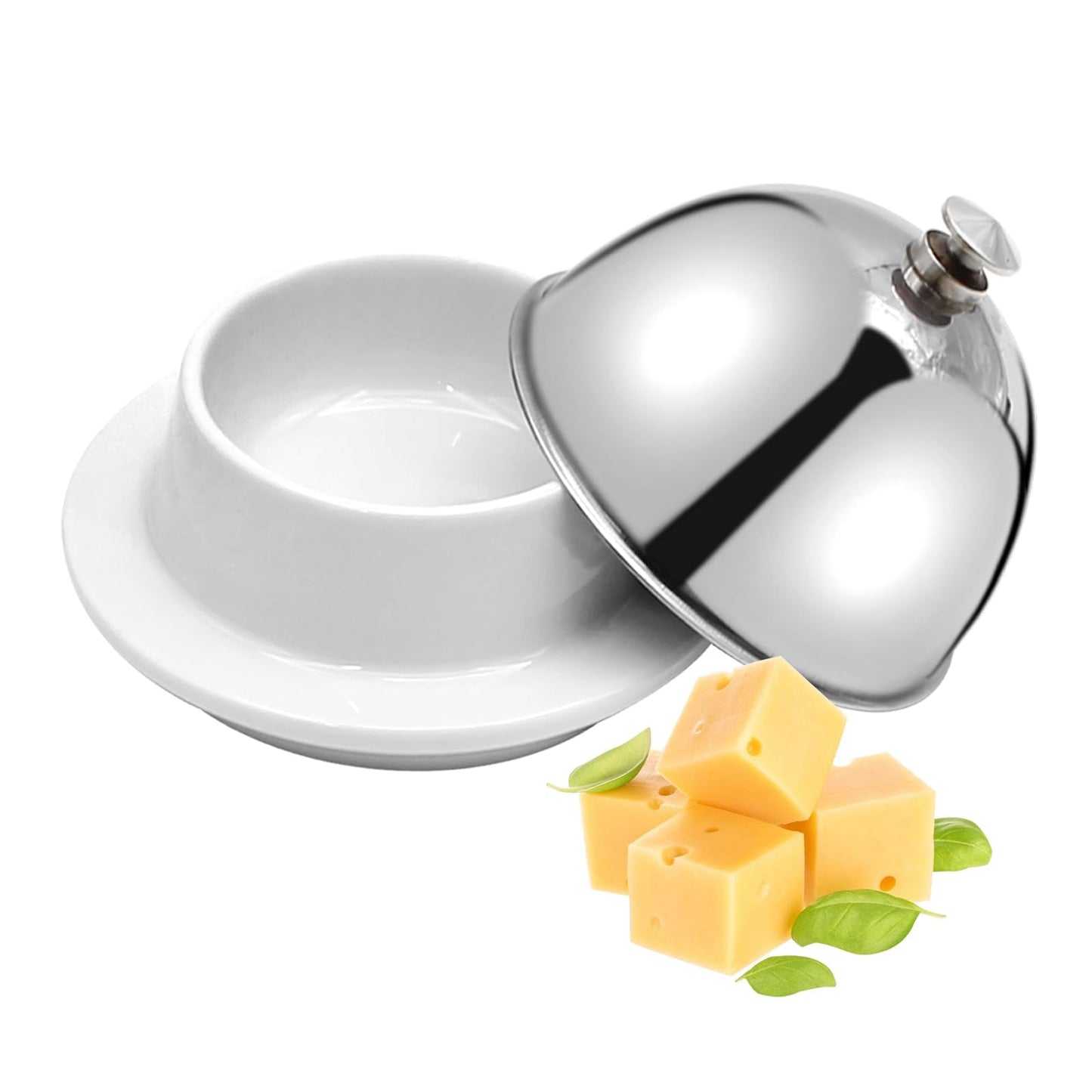 EATAKWARD Ceramic Butter Dish with Stainless Dome Cover, Cheese Dish with Lid, Small Cheese Plate Serving Tray with Silver Handled Lid for Countertop, Dessert, Cupcake, Cream Cake, Appetizer