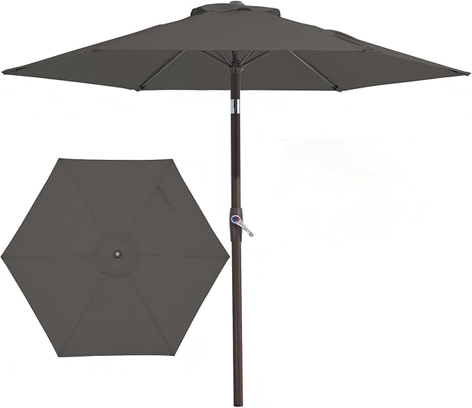 JEAREY 7.5FT Patio Umbrella Market Table Umbrella with 6 Sturdy Ribs, Push Button Tilt/Crank Outdoor Umbrella for Garden, Deck, Backyard, Pool and Beach,Gray