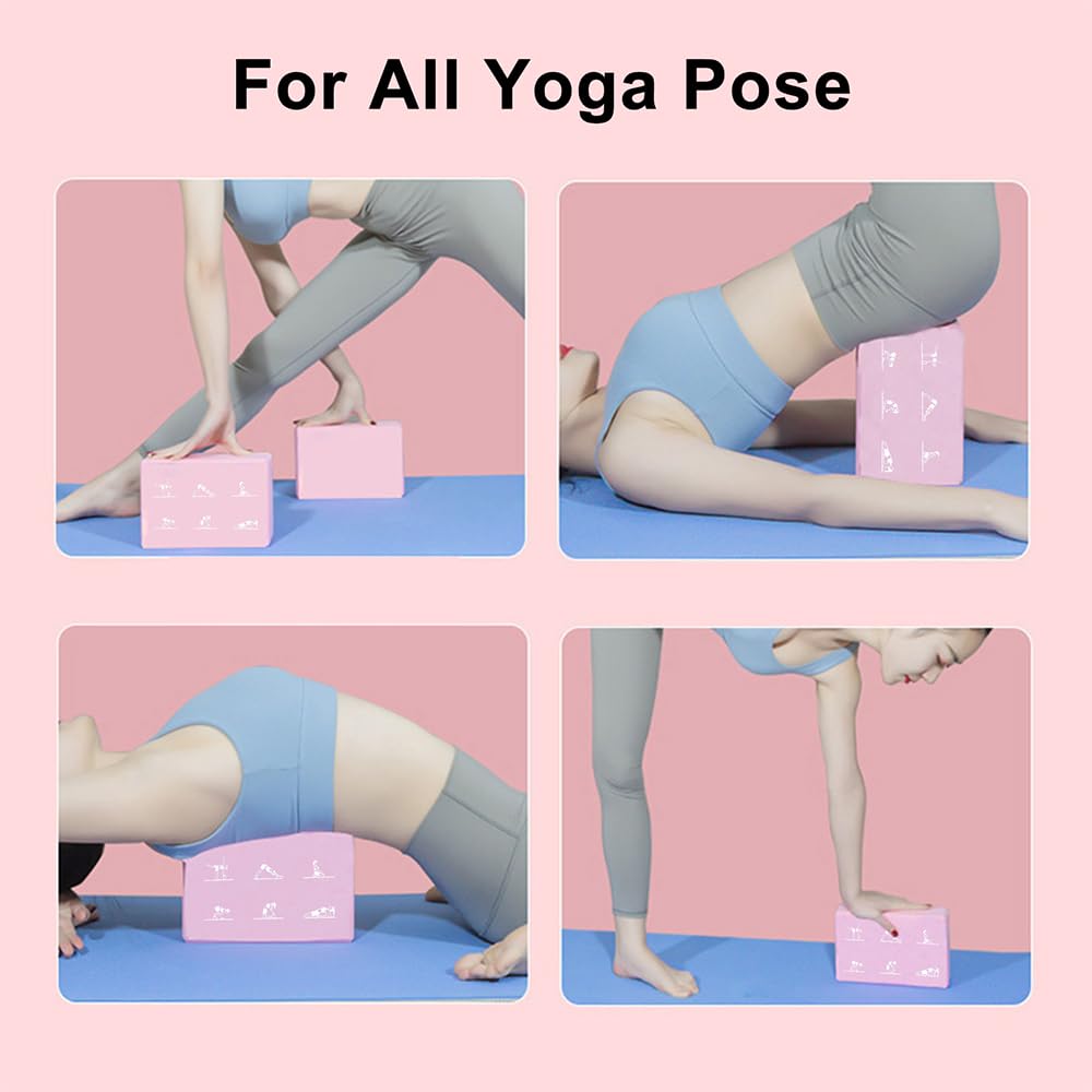 2 Yoga Block and Yoga Strap Set, FHDUSRYO High Density EVA Foam Blocks, Non-slip Yoga Bricks with 6ft Strap, Supportive Latex-Free Yoga Block Kit to Improve Balance and Flexibility (Pink, 9×6×3")