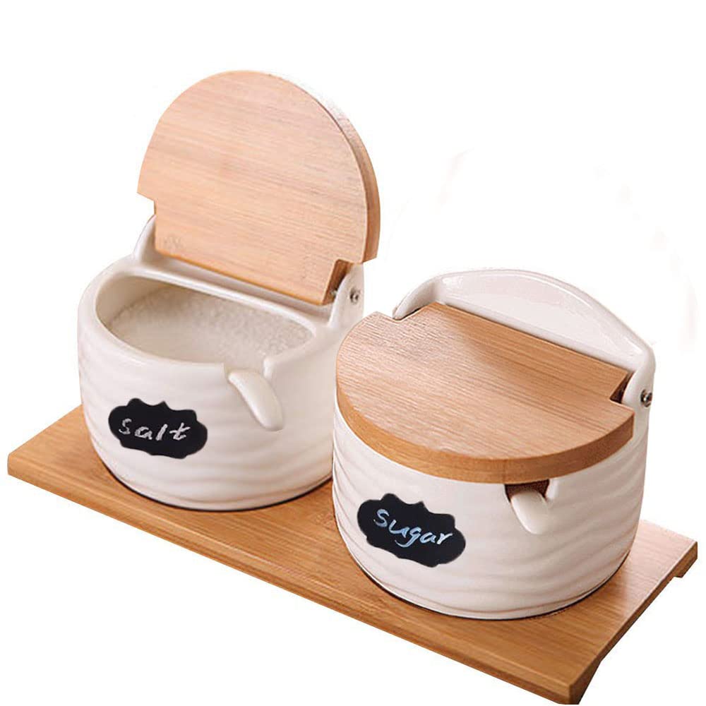 Vermida Ceramic Salt Cellars with Lids and Spoons, Salt Pepper Containers for Countertop, Porcelain Sugar Container with Labels for Kitchen, Sugar Holder for Serving, Tea, Coffee, Spice, Salt