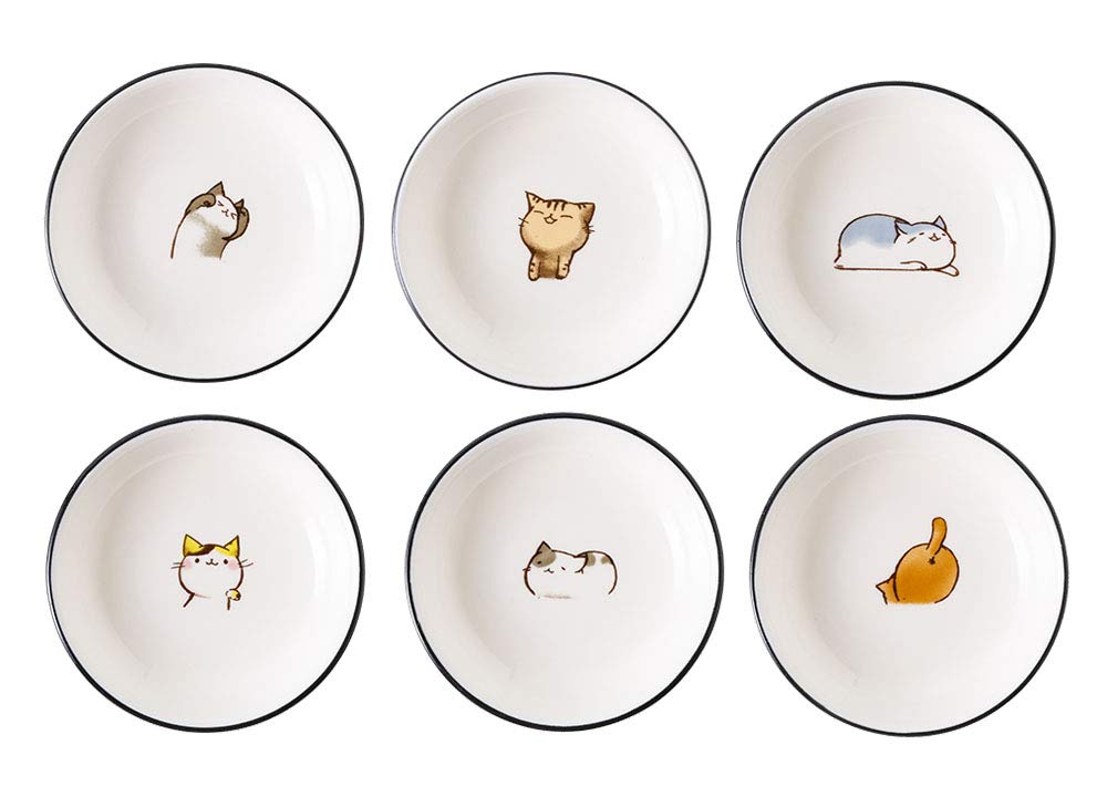 RockTrend Cute Cat Round Ceramic Sauce Dish Seasoning Dish Dessert Plate Snack Plate, 4 inches, Set of 6-Multicolor