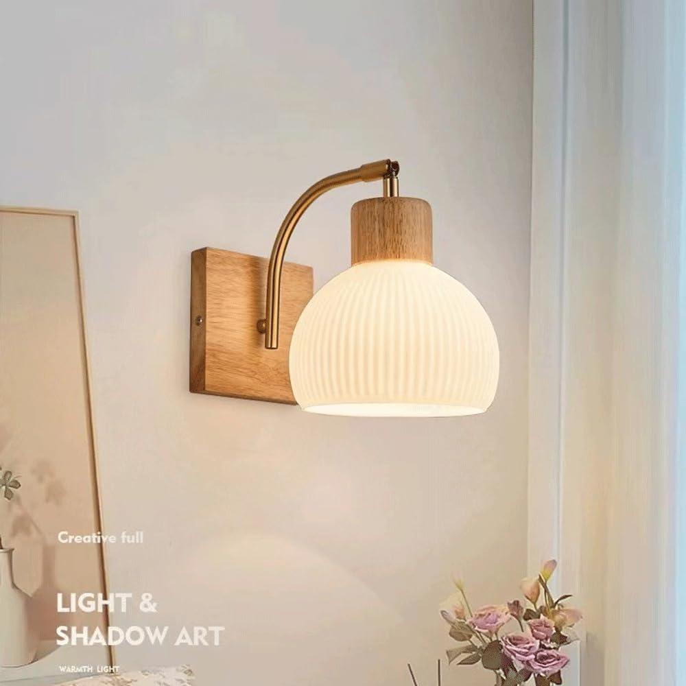 RXPVUXE Globe Milk White Glass Wall Lamp Nordic Solid Wood Wall Sconce Adjustable Bedroom Bedside Reading Lighting, Modern Retro Half Globe Wooden Home Decor Lighting Fixture for Loft Living Room