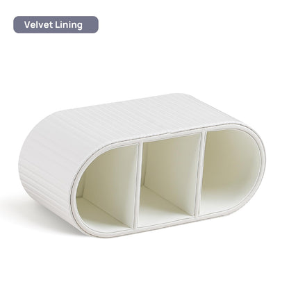 MEIBOOCH Oval Pen Holder for Desk, Remote Control Holder with 3 Compartments, PU Leather Small Desk Organizer Remote Caddy, Aesthetic Pencil Holder Desk Accessories for Home Office (Ivory)