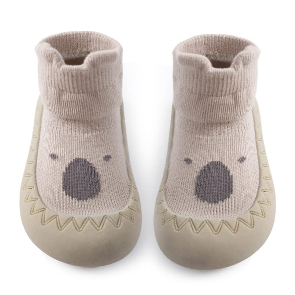 Exemaba Toddler Sock Shoes - Baby First Walking Shoes Soft Sole with Grips for Boys & Girls (Khaki Raccoon, Tag21/6-12 M)