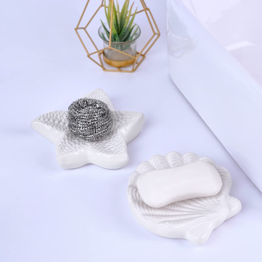 Shell Soap Dish, Starfish Jewelry Dish Tray, Ceramic Ocean Soap Holder for Bathroom,Tub, Kitchen Sink & Vanity Spaces(Shell)