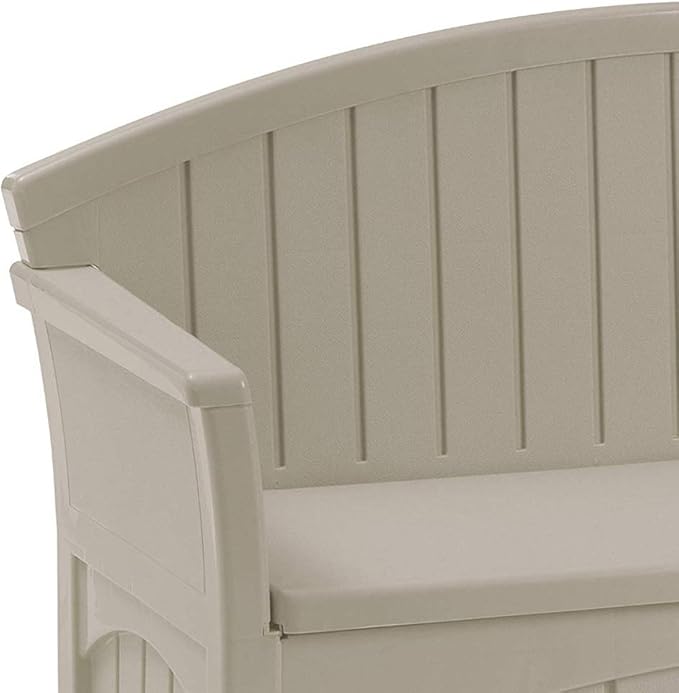 Suncast Outdoor Storage Bench - 50 Gallon Taupe Resin Outdoor Bench with Storage for Cushions, Tools & More. All-Weather Patio Deck Box with Seat for Porch, Pool, Yard, & Garden, Made in USA